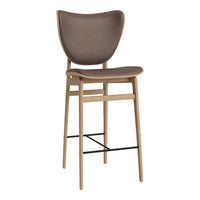 Stylish bar stool with a smooth brown seat and light wooden frame, featuring a sleek, modern design.