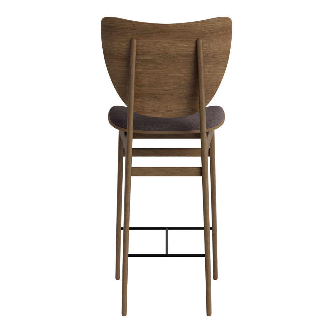 Wooden barstool in a natural brown finish with a gray upholstered seat, featuring clean lines and a minimalistic design.