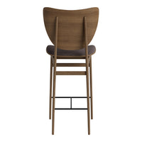 Wooden barstool in a natural brown finish with a gray upholstered seat, featuring clean lines and a minimalistic design.