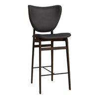 Black upholstered bar stool with a smooth, curved back and a sleek, dark wood frame. Modern and minimalistic design.