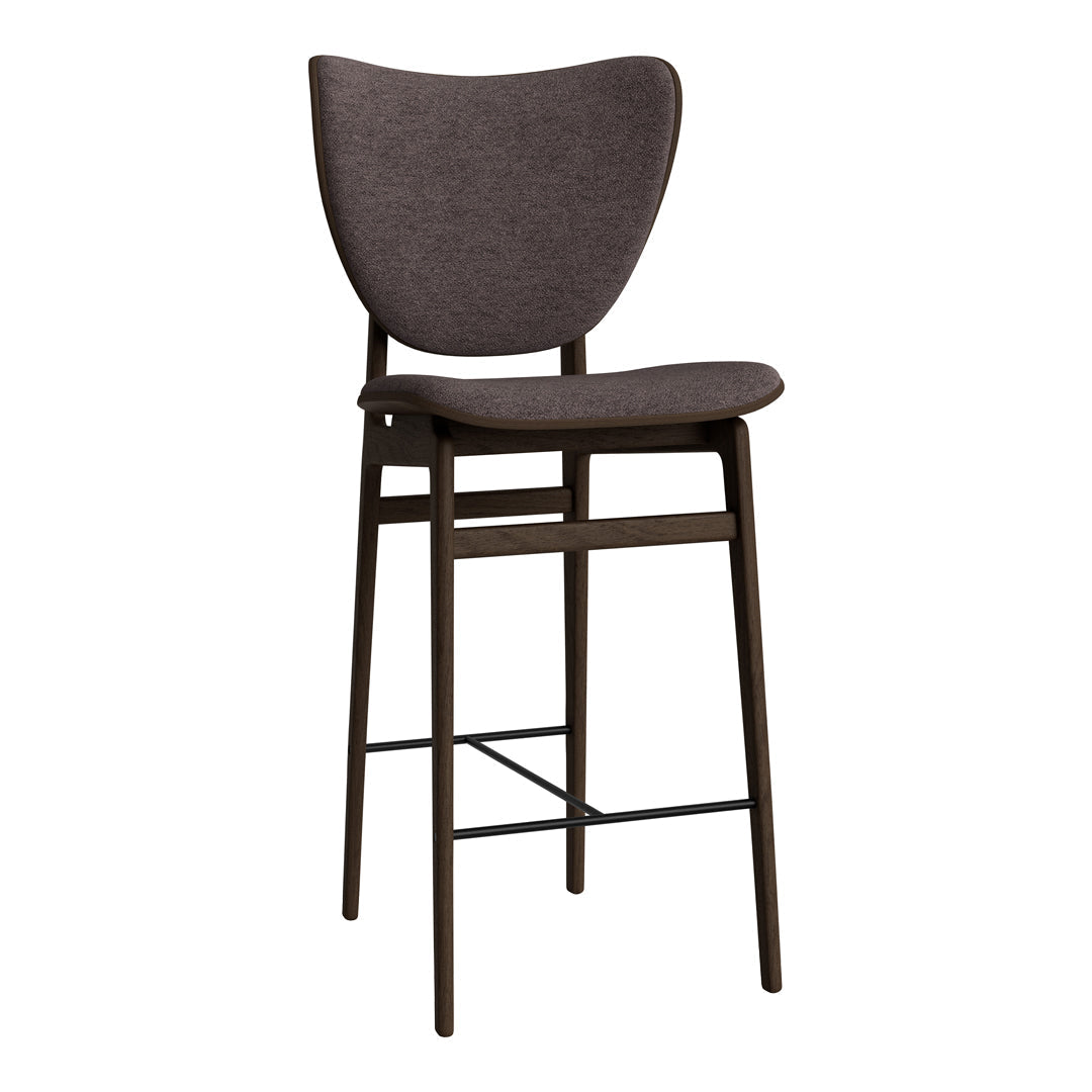 Modern brown bar stool with a textured gray upholstery and simple, minimalist design. Ideal for chic interiors.