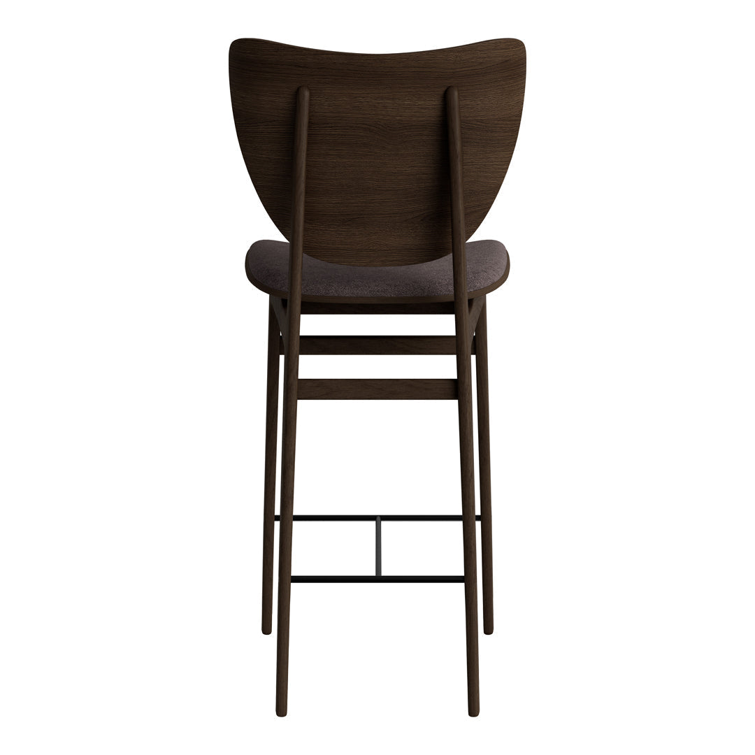 Dark wood bar stool with a smooth, curved backrest and a cushioned seat, showcasing rich brown tones.