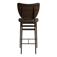 Dark wood bar stool with a smooth, curved backrest and a cushioned seat, showcasing rich brown tones.