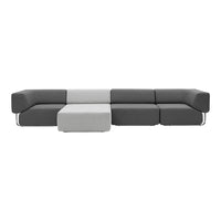 Modern sectional sofa in dark gray and light gray fabrics, featuring a sleek, minimalist design and smooth lines.