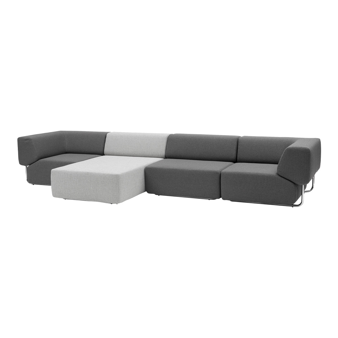 Gray and white modern sectional sofa with a minimalist design and block pattern.
