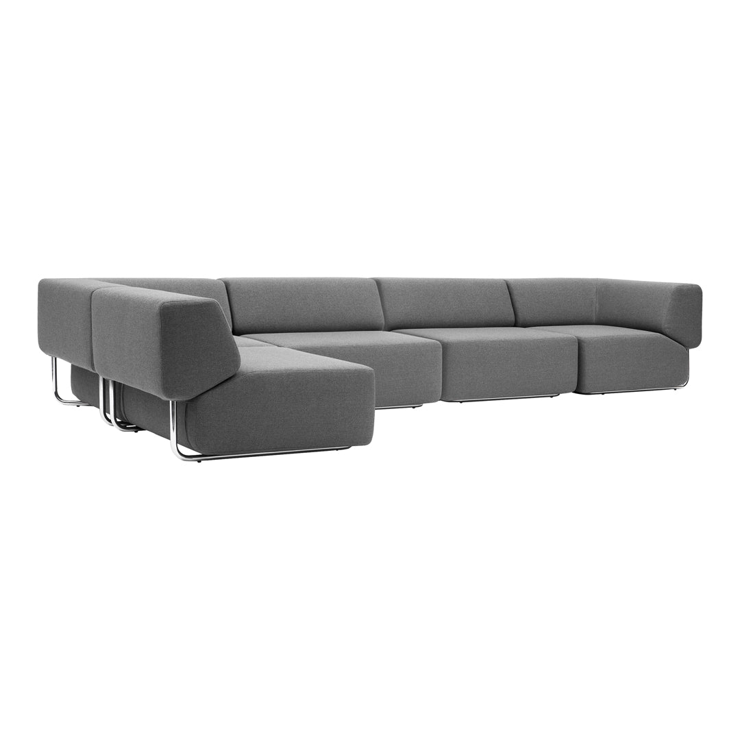 Modern gray sectional sofa with a minimalistic design and clean lines, perfect for contemporary living spaces.