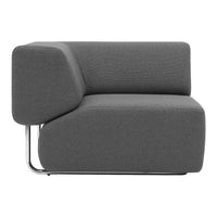 Modern gray sofa with textured fabric and geometric design, featuring a sleek chrome base. Perfect for contemporary decor.