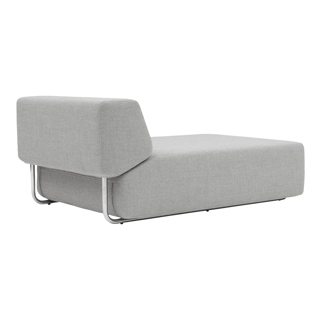 Gray upholstered chaise lounge with clean lines and minimalist design, featuring a smooth fabric texture and chrome legs.