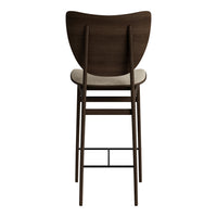 Brown wooden barstool with a light beige fabric seat, featuring a sleek, minimalist design and curved backrest.