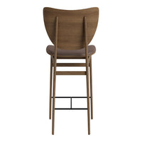Back of a wooden bar chair in warm brown tones with a smooth, minimalist design.