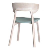 Light wood chair with a smooth finish and soft mint green cushioned seat. Simple, modern design.
