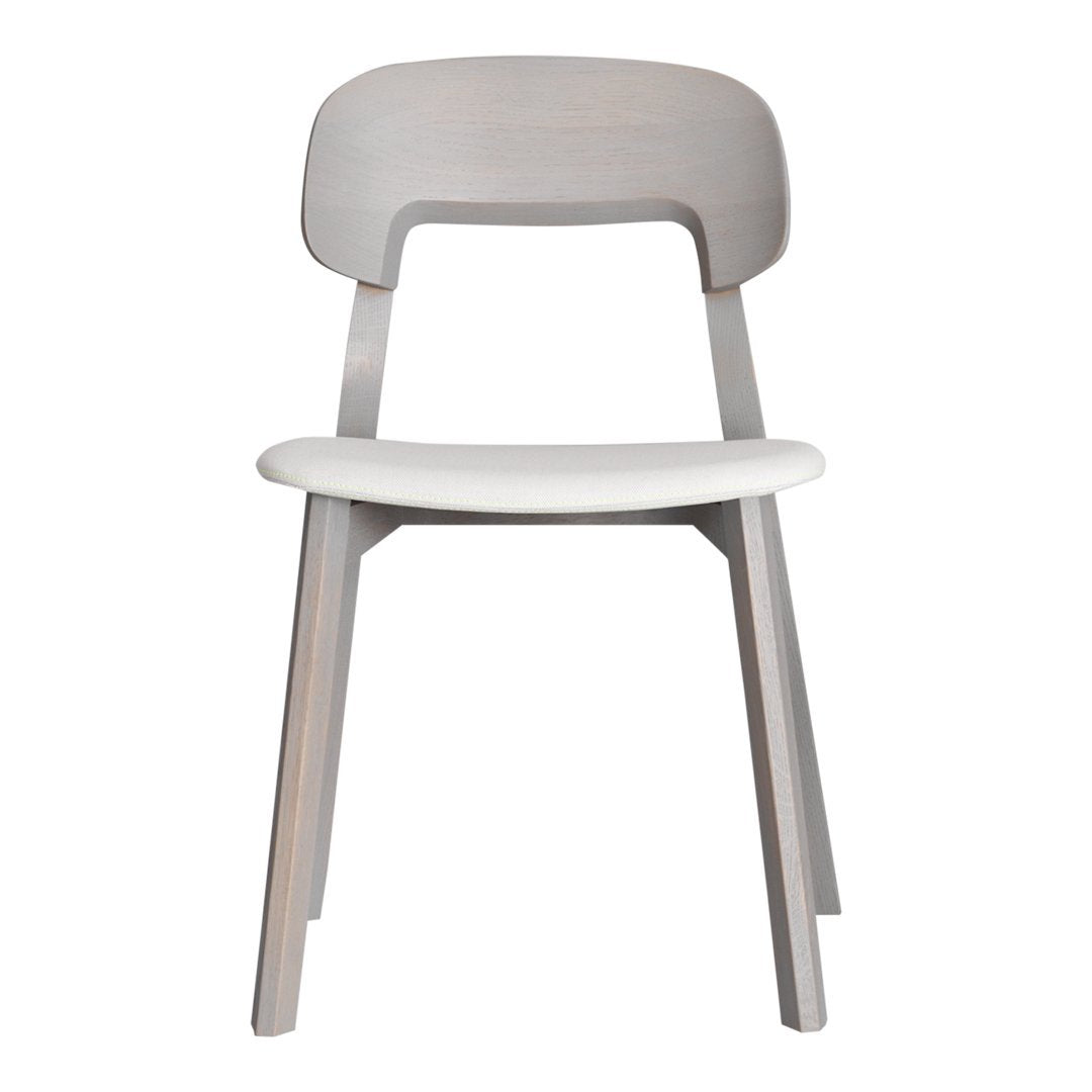 Minimalist light gray wooden chair with a smooth white seat, featuring a simple and modern design.