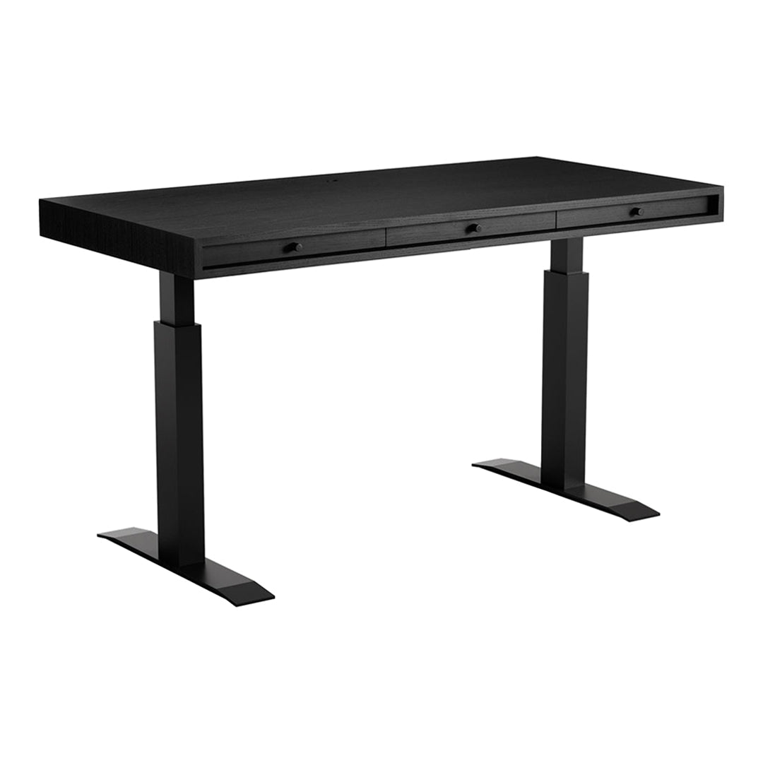 Sleek black modern desk with smooth finish and minimalist design, featuring flat surfaces and clean lines.