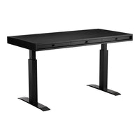 Sleek black modern desk with smooth finish and minimalist design, featuring flat surfaces and clean lines.