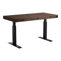 Brown wooden desk with a smooth finish and black metal legs. Features simple, modern lines and two subtle drawers.