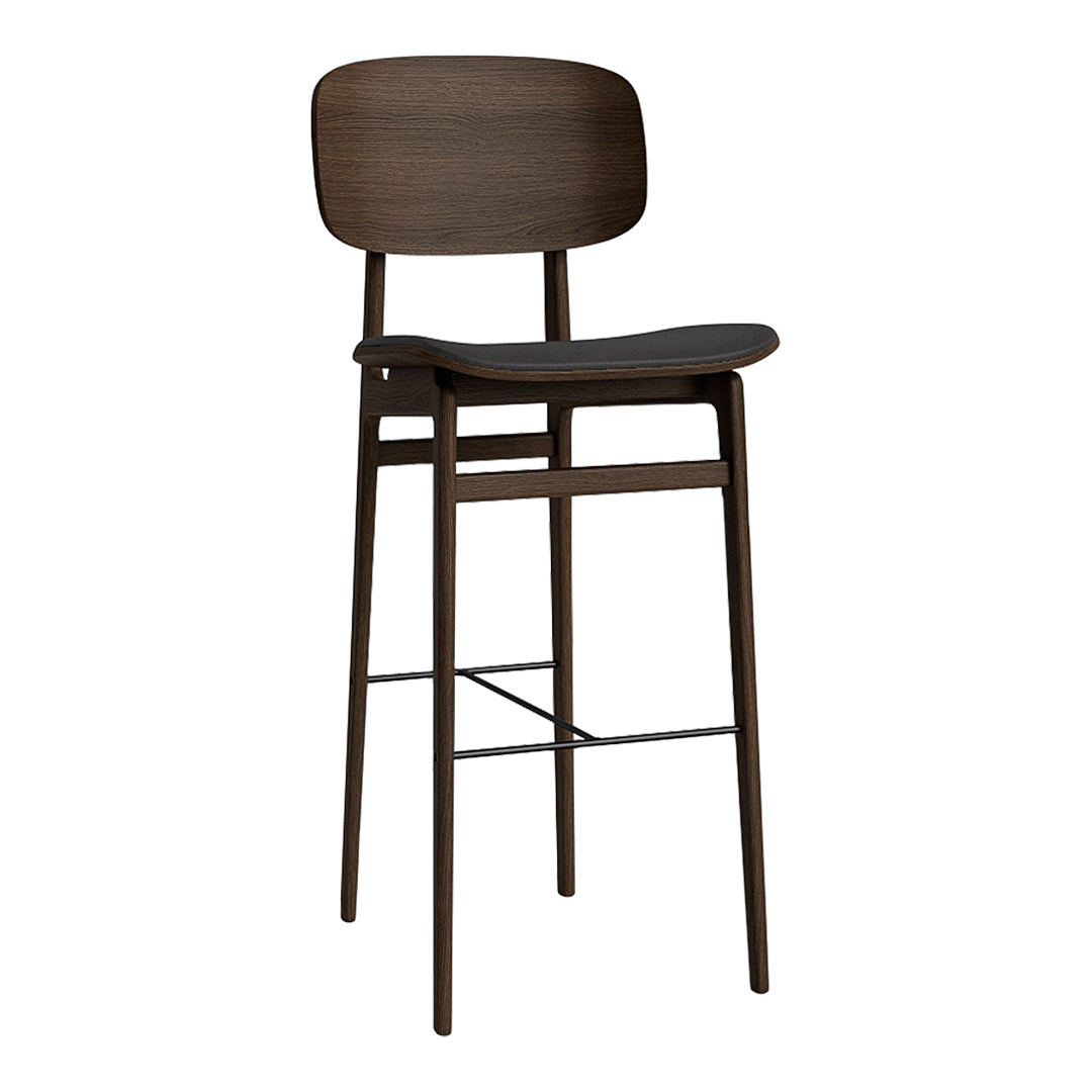 Modern wooden bar stool in dark brown finish with curved backrest and simple design, perfect for contemporary spaces.