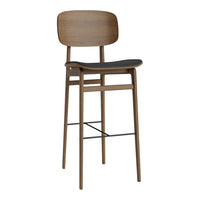 Wooden bar stool with a sleek, natural walnut finish and a contrasting black seat, featuring a minimalist design.