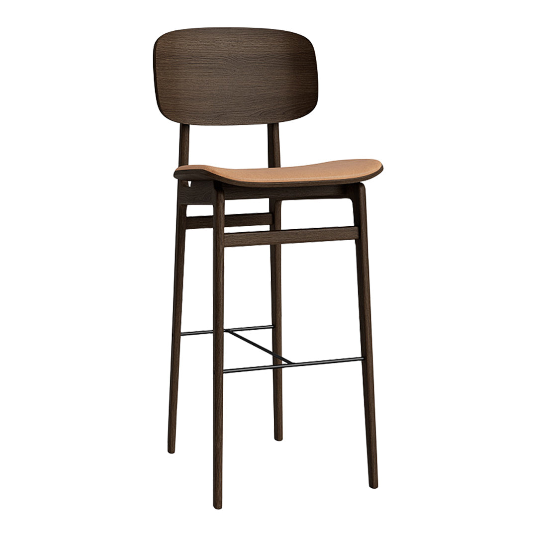 "Solid brown wooden bar stool with a sleek, minimalist design and a smooth, light wood seat."