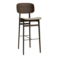 Sleek brown wooden bar stool with a smooth, light wood seat and minimalist design. Perfect for modern decor.