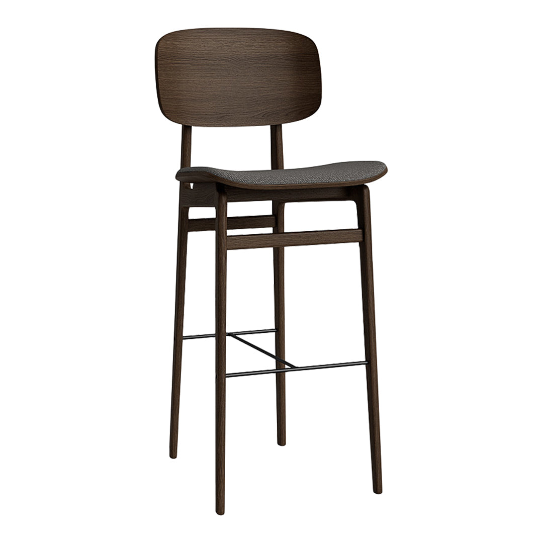 Walnut wood barstool with a sleek, minimalistic design and smooth, curved patterns. Perfect for modern decor.
