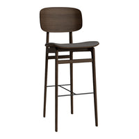 Walnut wood barstool with a sleek, minimalistic design and smooth, curved patterns. Perfect for modern decor.