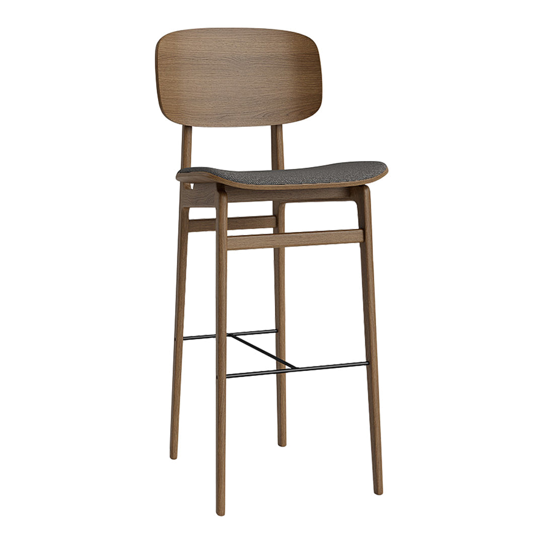 Wooden bar stool featuring a natural wood finish with a contrasting dark gray seat and minimalist design.