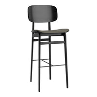 Black bar stool with a simple design, featuring a smooth black seat and backrest, and sleek metal legs.