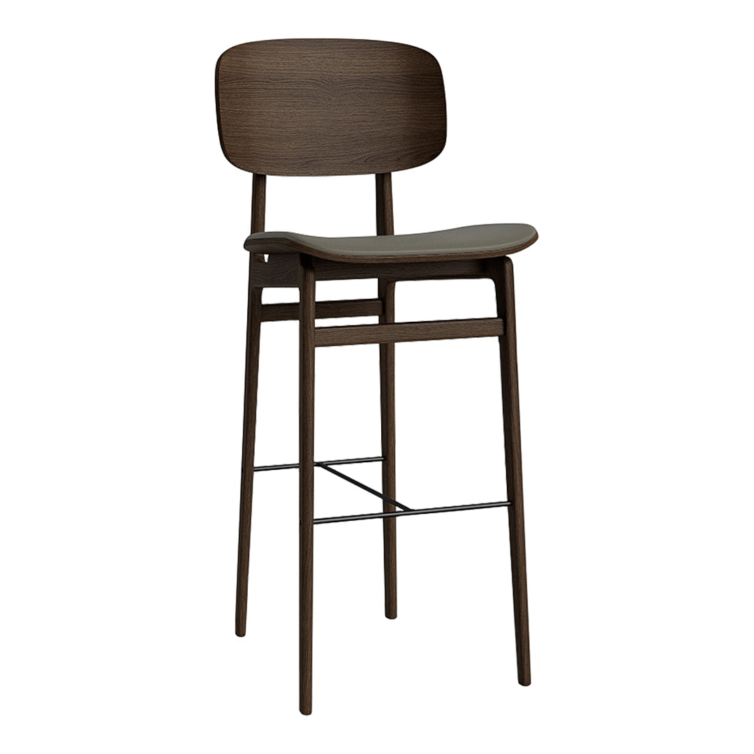 Dark brown wooden bar stool with smooth finish and minimalist design, featuring a simple, sleek pattern. 
