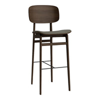 Dark brown wooden bar stool with smooth finish and minimalist design, featuring a simple, sleek pattern. 