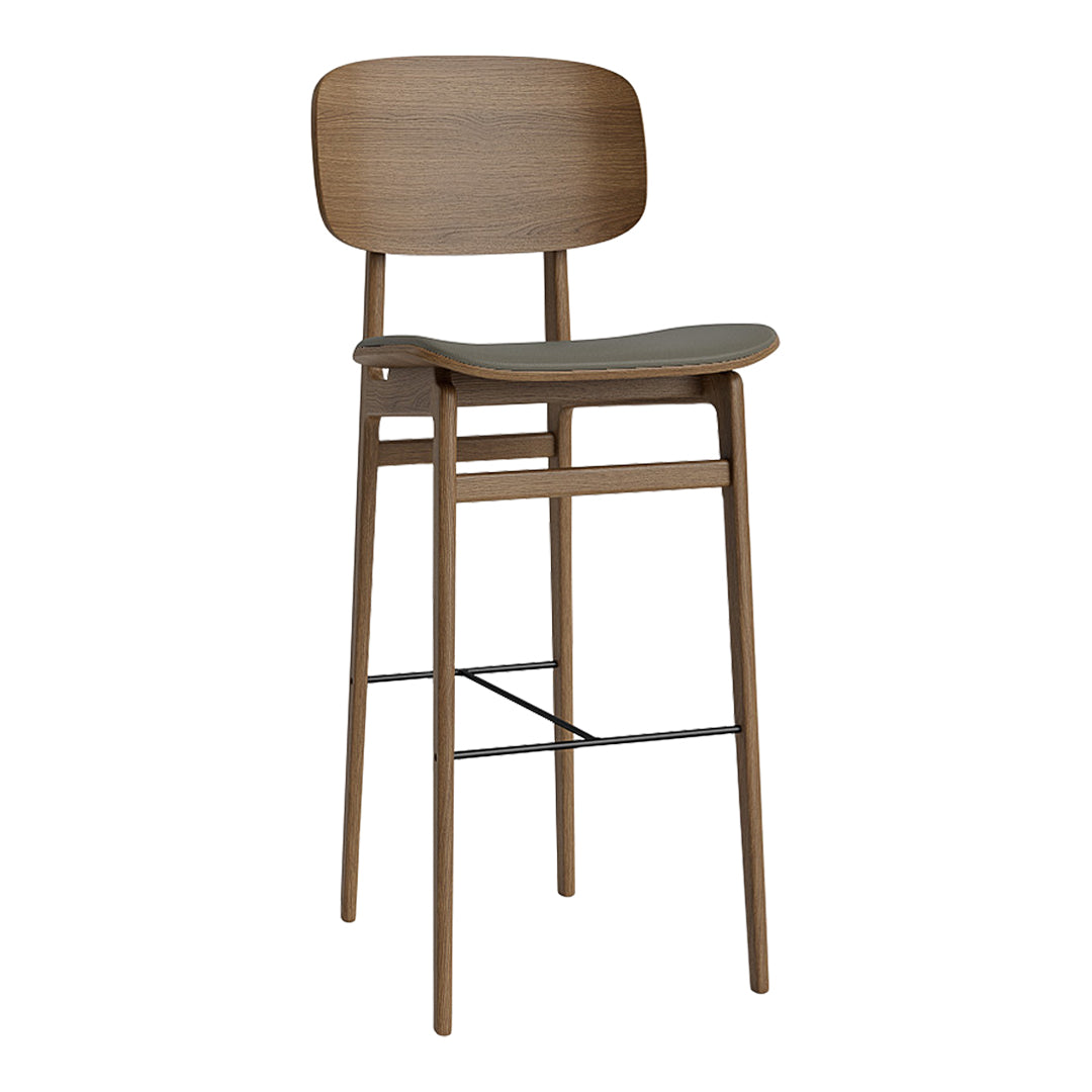 Wooden bar stool in a warm brown finish with a smooth, minimalist design and subtle curved contours.