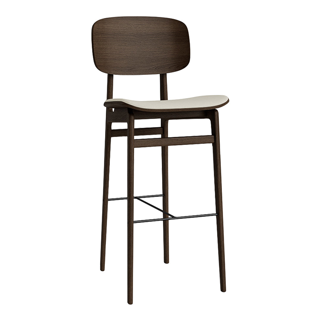 Modern bar stool featuring a dark brown wooden frame and a light beige seat, highlighted by minimalistic design.