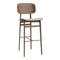 Wooden bar stool with a light beige seat and warm brown finish, featuring a sleek, minimalist design.