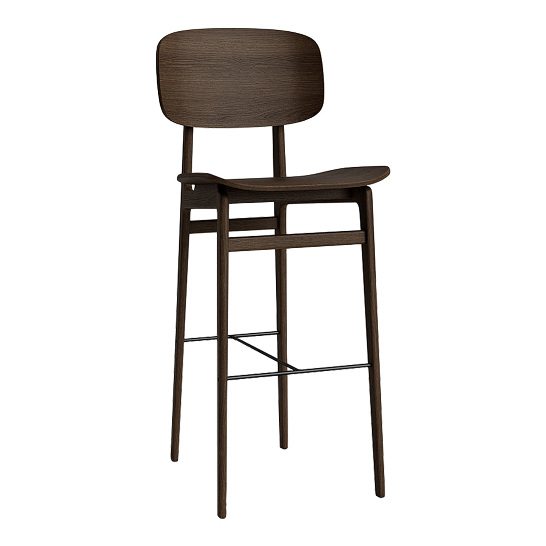 Dark brown wooden bar stool featuring a minimalist design and smooth, polished finish.