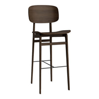 Dark brown wooden bar stool featuring a minimalist design and smooth, polished finish.