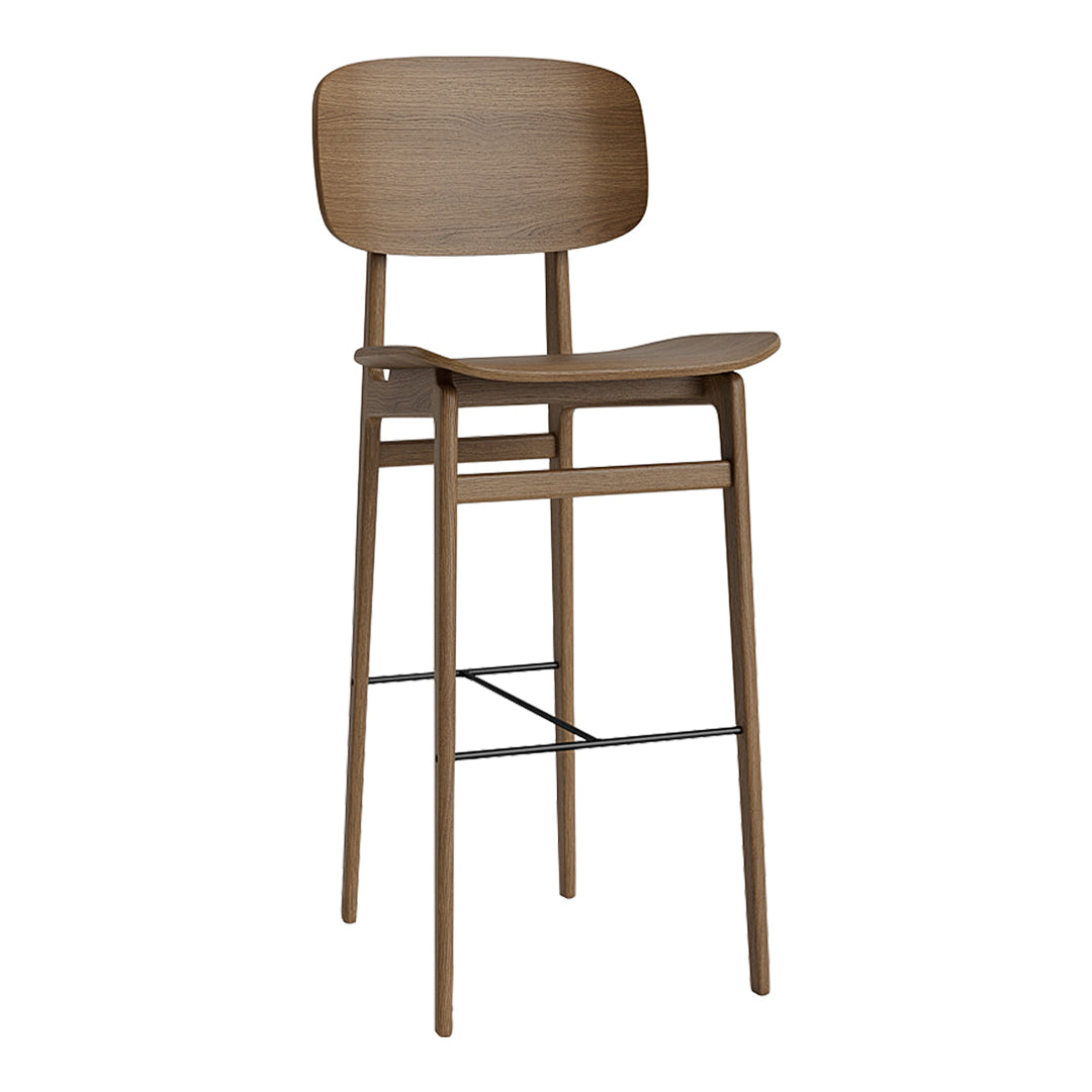 Stylish wooden bar stool in a rich walnut finish with a smooth, minimalist design and no intricate patterns.
