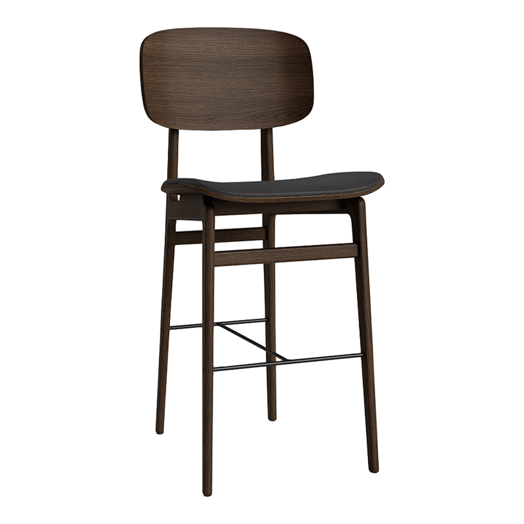 Dark wood bar stool with a smooth, minimalist design and sleek black seat; modern aesthetic for contemporary spaces.