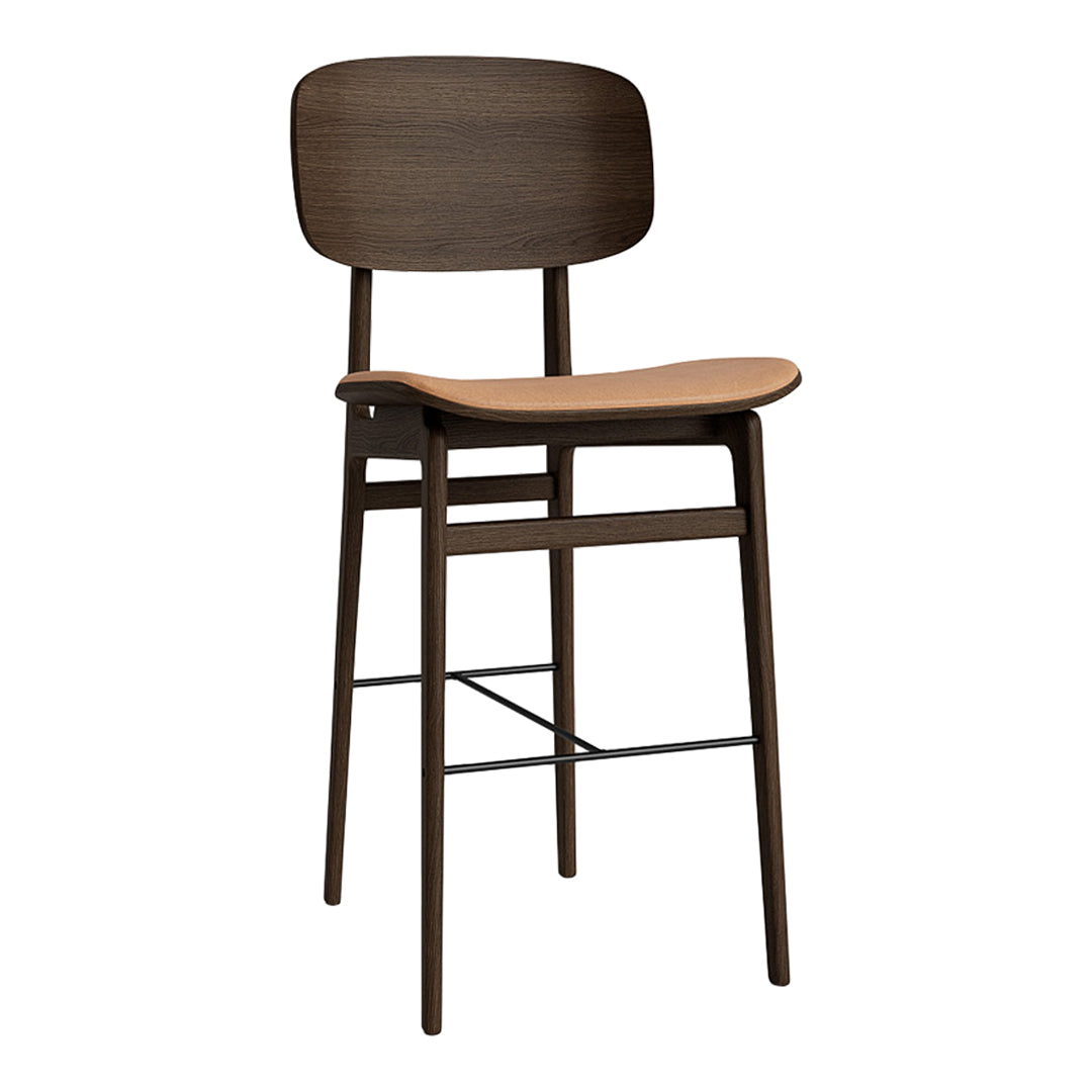 Sleek wooden bar stool in dark brown with a contrasting light wood seat, featuring a minimalist design and no patterns.