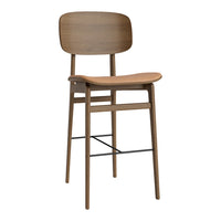 Natural wood bar stool with a light brown finish and minimalist design, featuring a smooth, curved seat and backrest.
