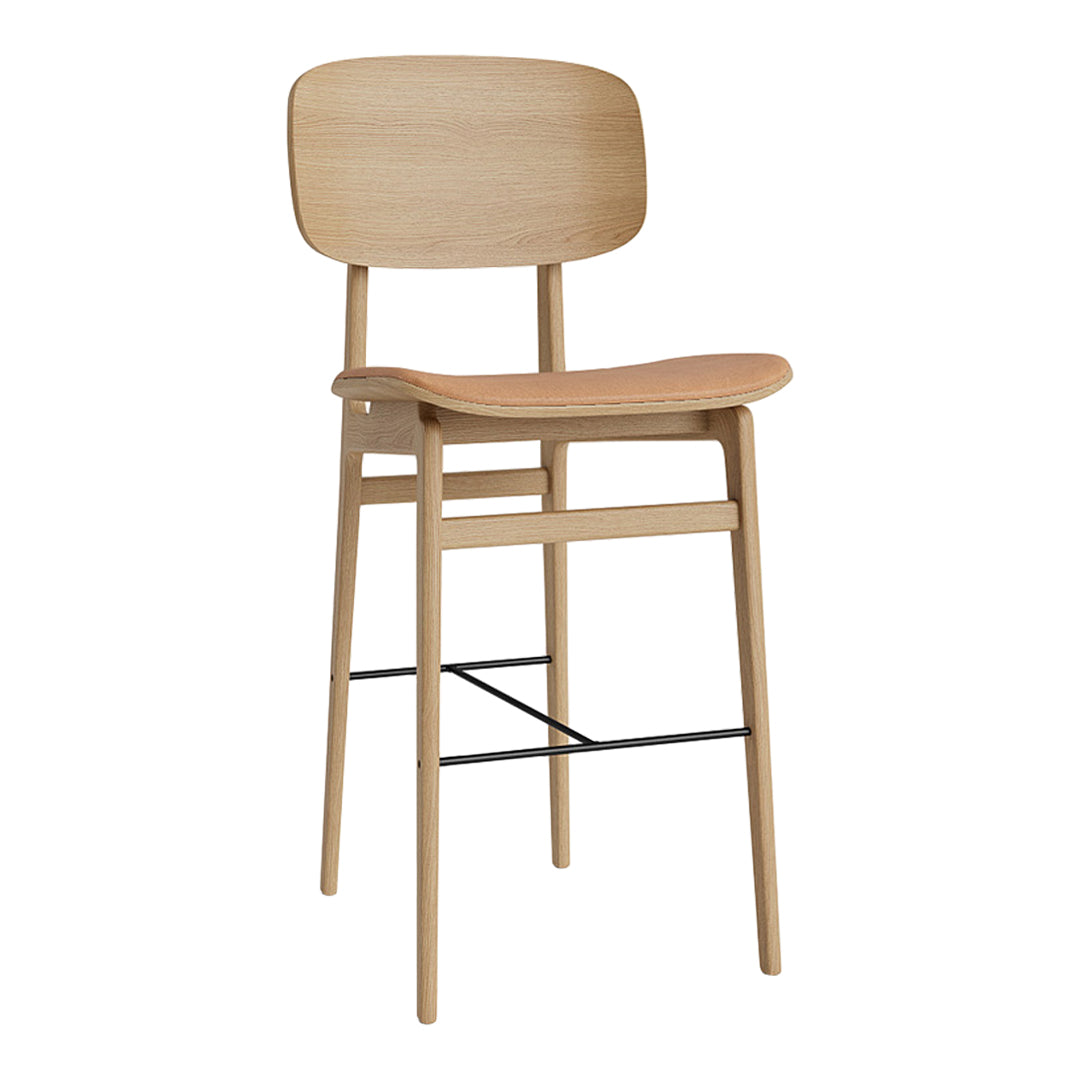 Light wood bar stool with a smooth, minimalist design and natural finish, featuring a curved backrest and seat.