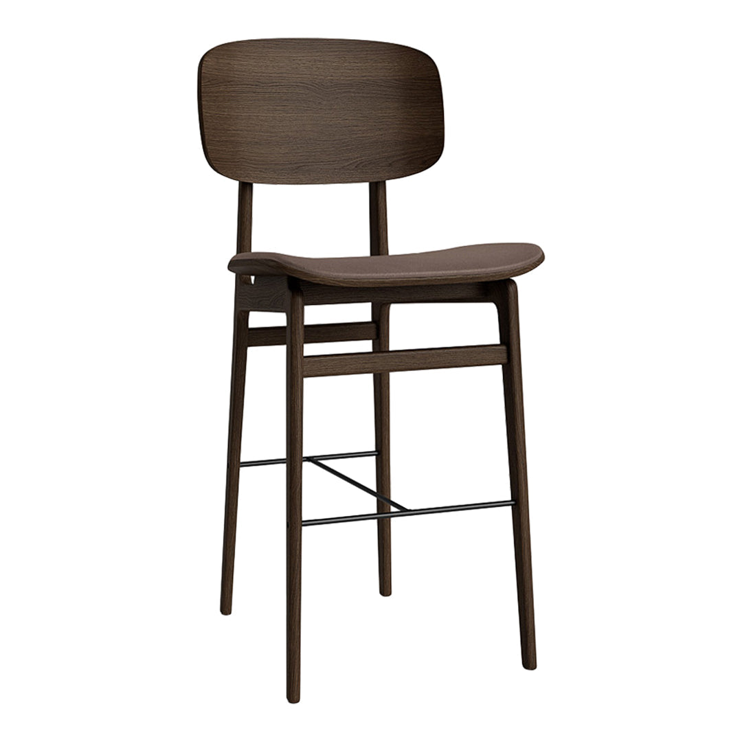 Dark wood bar stool with a minimalist design and smooth curved seat. Elegant and modern for any space.