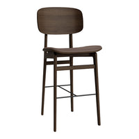 Dark wood bar stool with a minimalist design and smooth curved seat. Elegant and modern for any space.