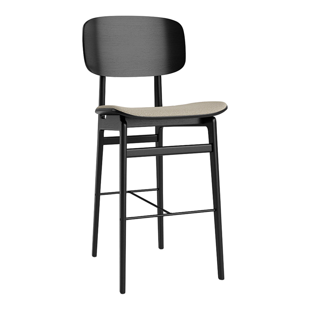 Black metal bar stool with a sleek design and natural wood seat, perfect for modern interiors.