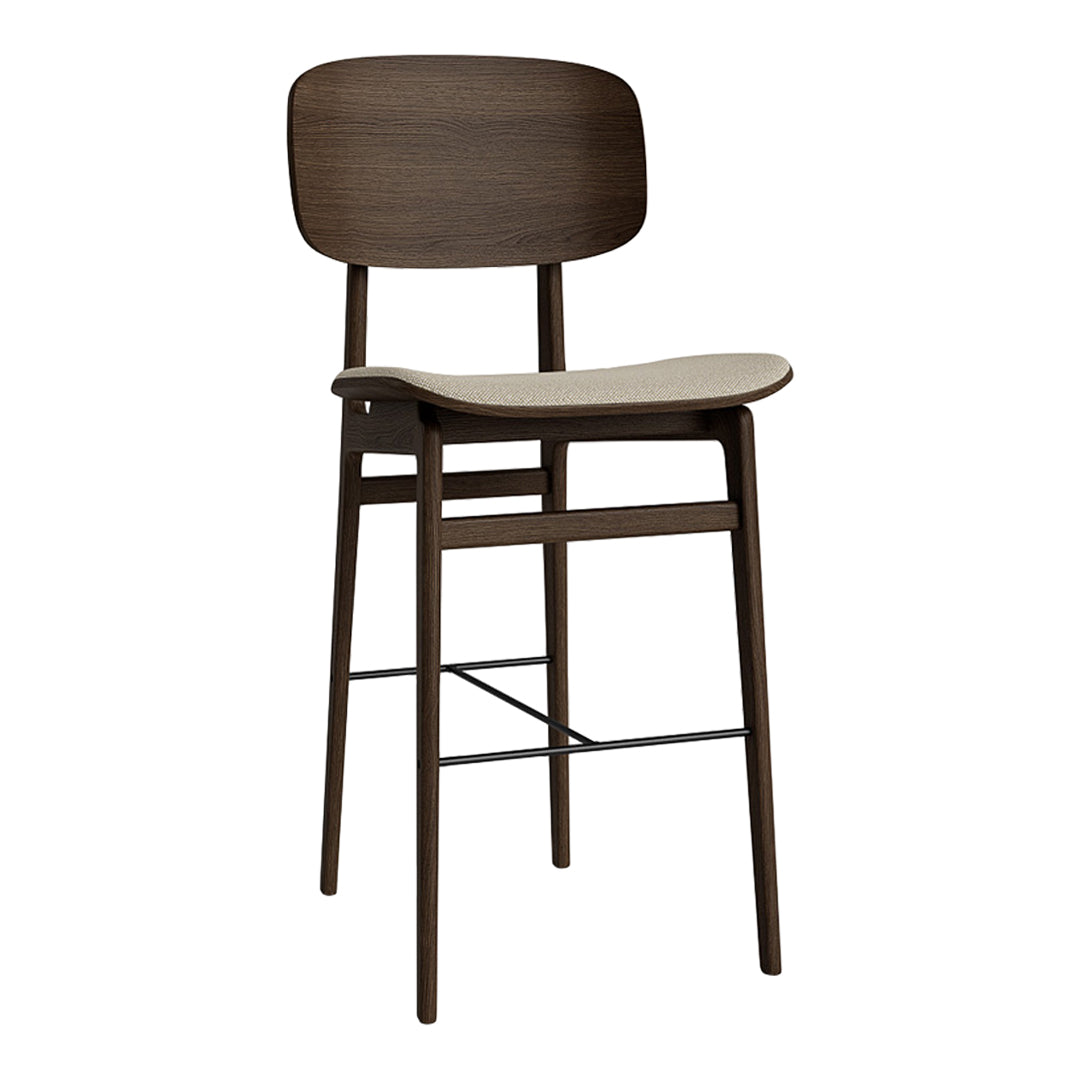 Modern brown bar stool with a sleek, minimalist design and curved cream seat. Perfect for contemporary spaces.
