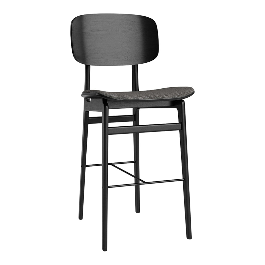 Black wooden bar stool with a smooth seat and rounded backrest, showcasing a sleek, modern design.