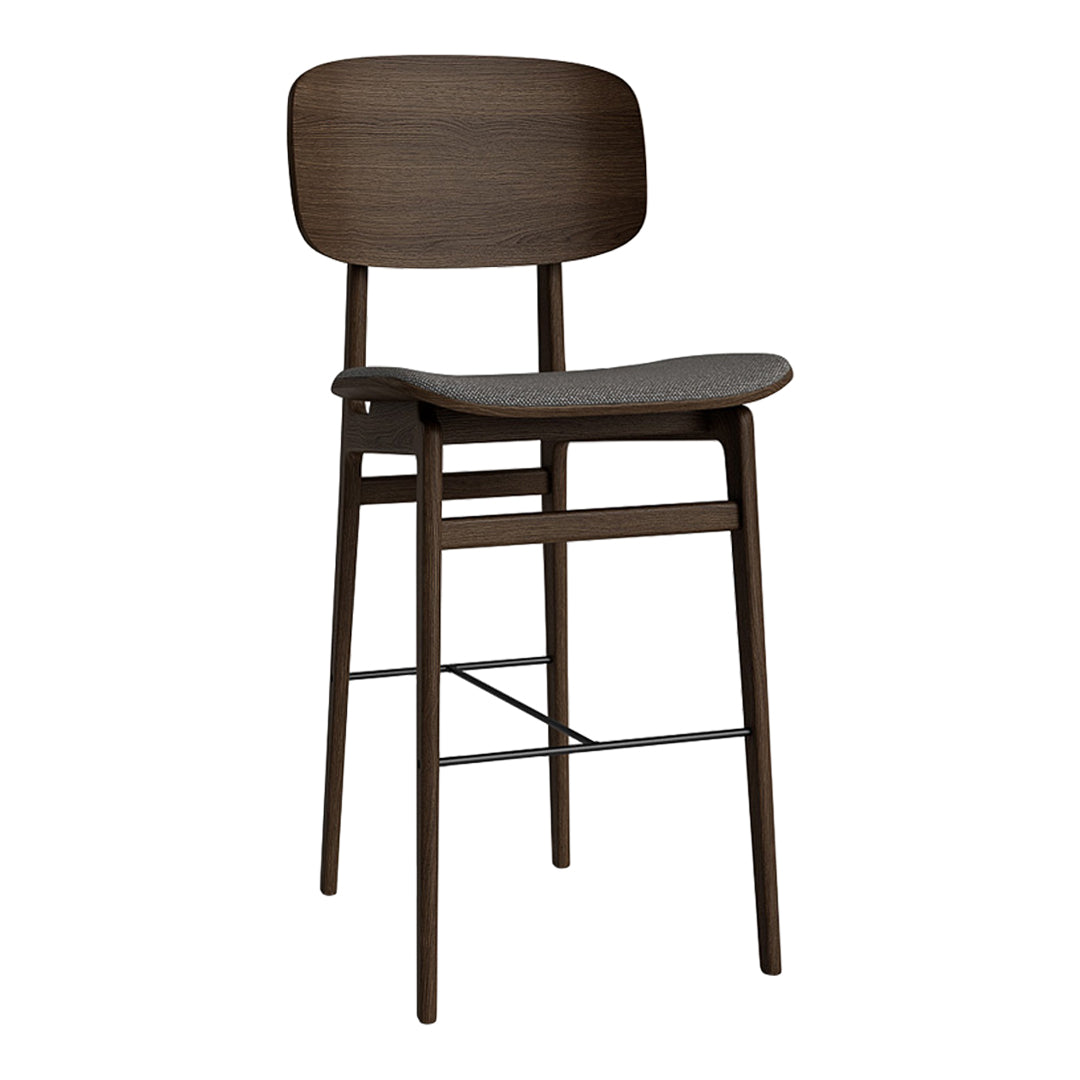 Dark wood bar stool with a smooth finish and minimalist design, featuring a curved seat and backrest.