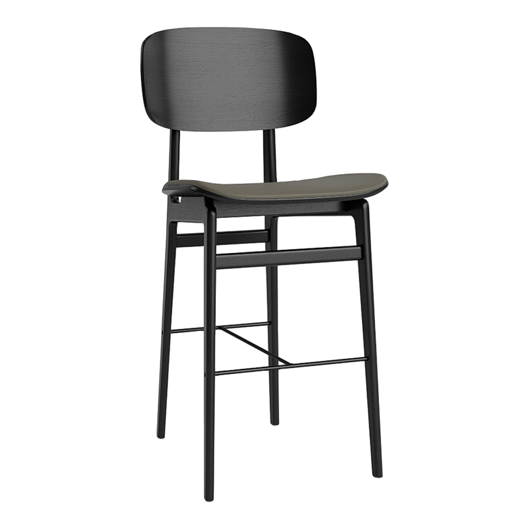Stylish black bar stool with a sleek wooden seat and minimalist design, perfect for modern interiors.