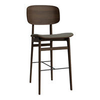 Dark wooden stool with a smooth, sleek finish and minimalist design, featuring a solid backrest and matte seat.