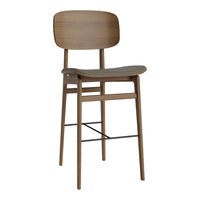 Wooden bar stool in natural wood finish with a sleek gray seat, featuring a minimalist design and simple lines.