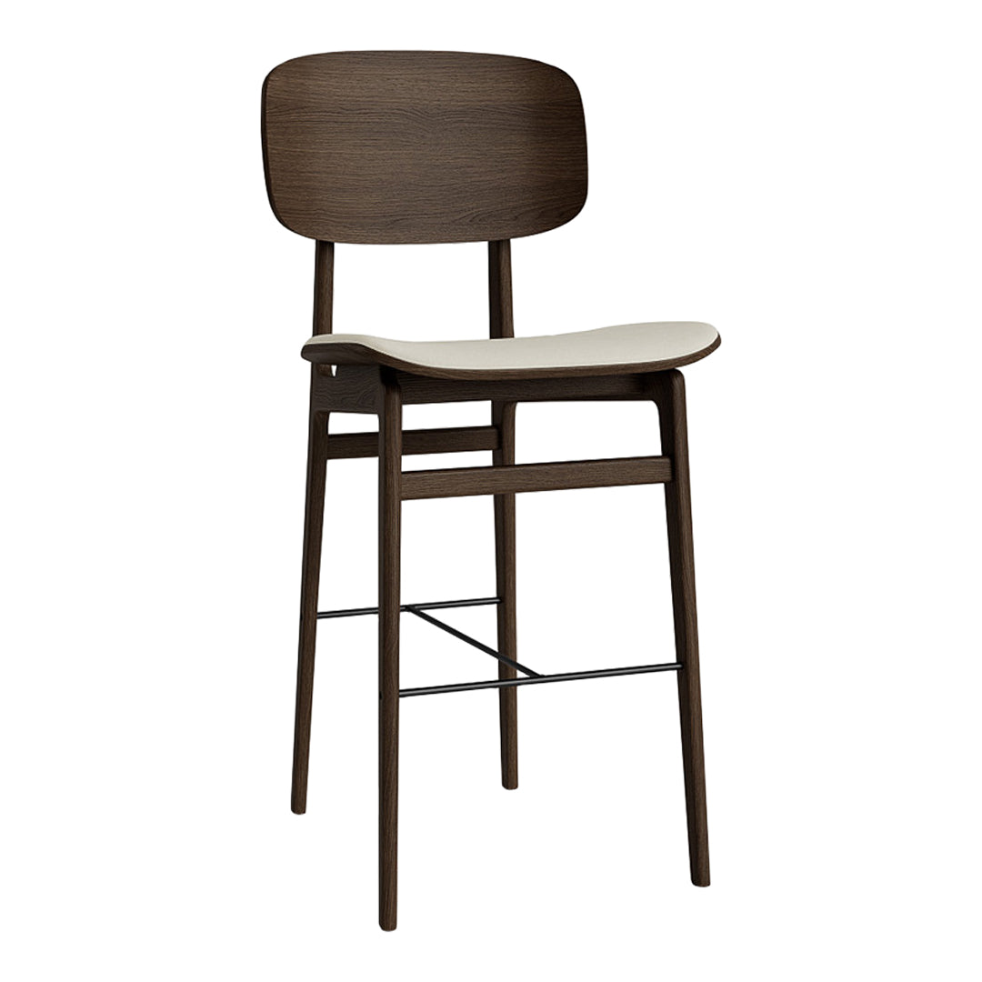 Modern brown wooden bar stool with a cream seat, sleek lines, and minimalistic design. Perfect for any decor style.
