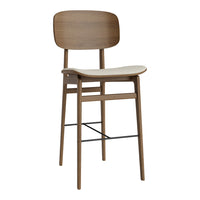 Wooden bar stool with a natural brown finish and cream-colored seat, featuring a minimalist design.